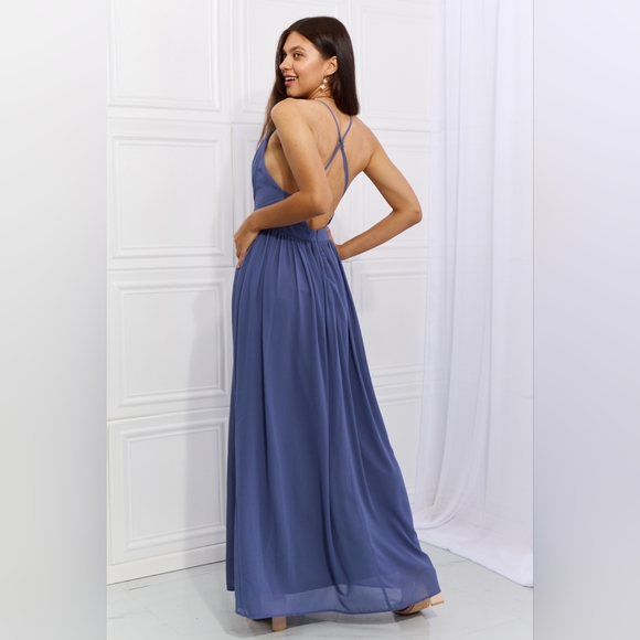One The Land Captivating Muse Designer Blue V Neck Open Crossback Maxi Dress - Picture 2 of 5